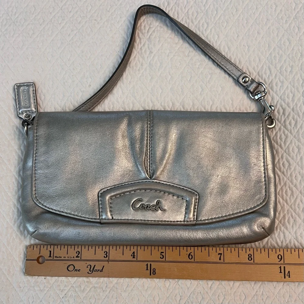 COACH Ashley Leather Wristlet Metallic Silver